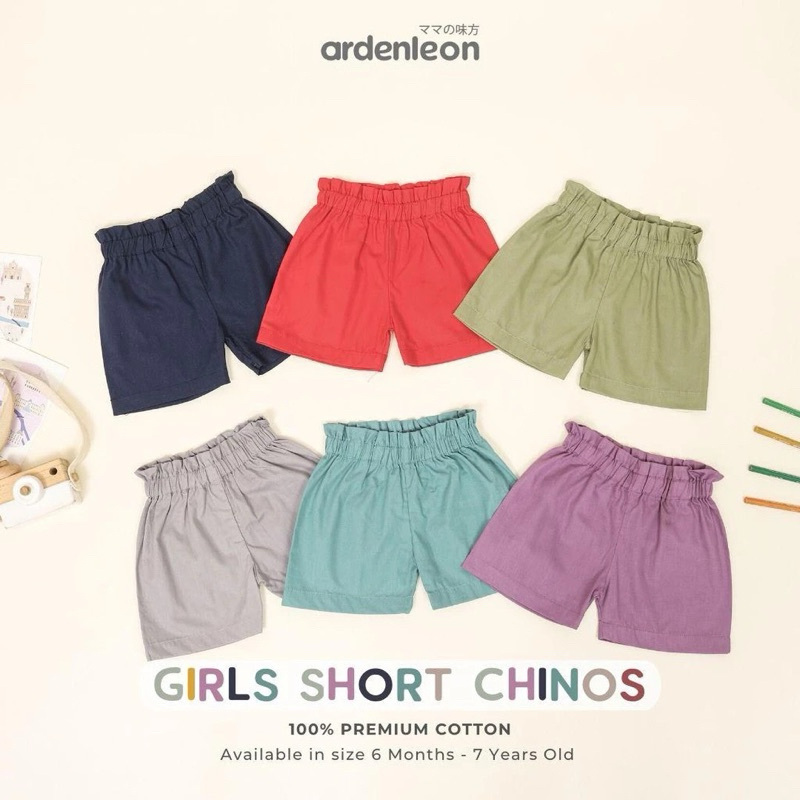 Arden leon Girl Short Chinos | Celana pendek pinggang karet anak perempuan katun