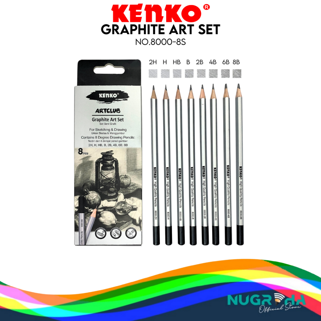 

KENKO ART SET PENCIL 8000-8S PENSIL GAMBAR LUKIS SKETCH 8 UKKURAN 2H H HB B 2B 4B 6B 8B