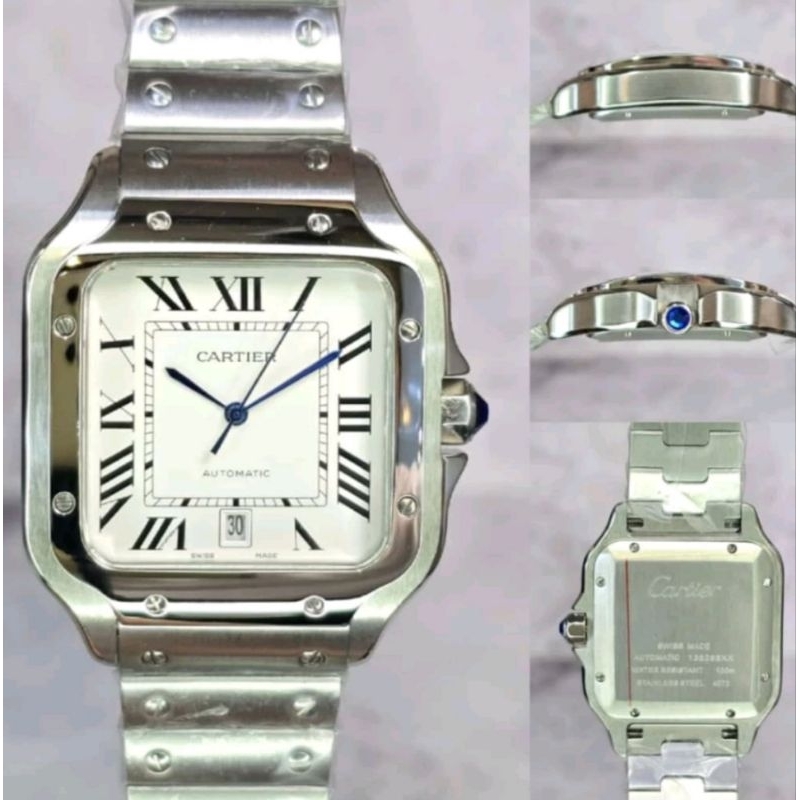 JAM TANGAN PRIA CARTIER DE SANTOS SILVER PLAT PUTIH AUTOMATIC JAPAN MOVEMENT DIAMETER