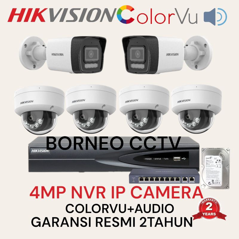 PAKET CCTV IP CAMERA HIKVISION 8 CHANNEL 6 KAMERA IP 4MP AUDIO TURBO HD