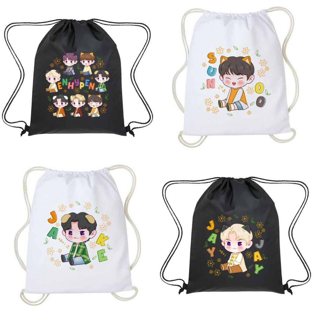 Tas Serut Enhypen Jay Jake Jungwon Chibi Fanart Lucu Kpop Korea String bag Kanvas Wanita Aesthetic