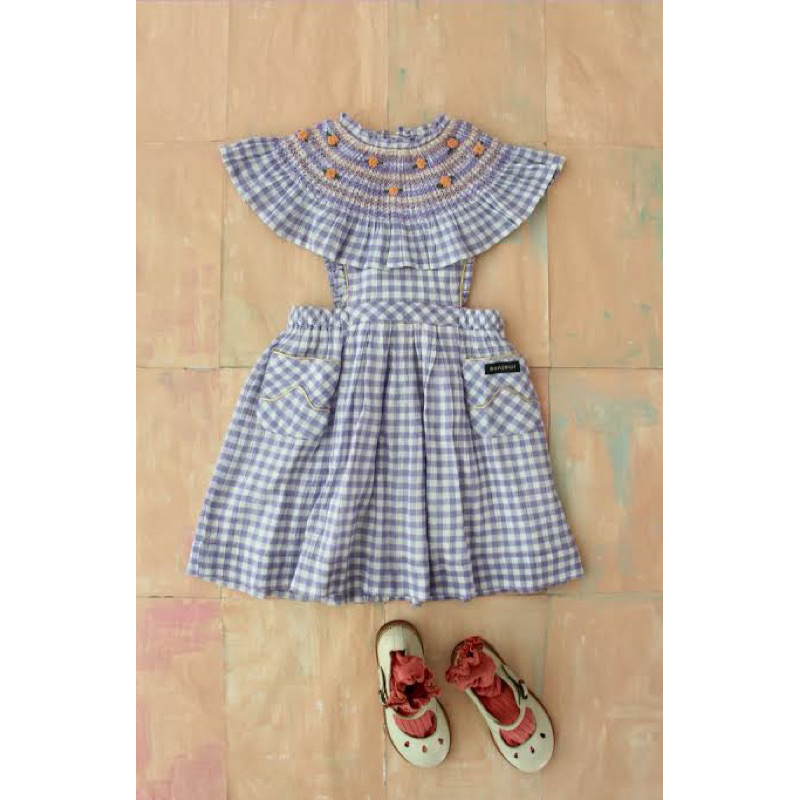 Bonjour Diary Reina Apron Smocked Collar Dress Lilac Violet Gingham size 4Y