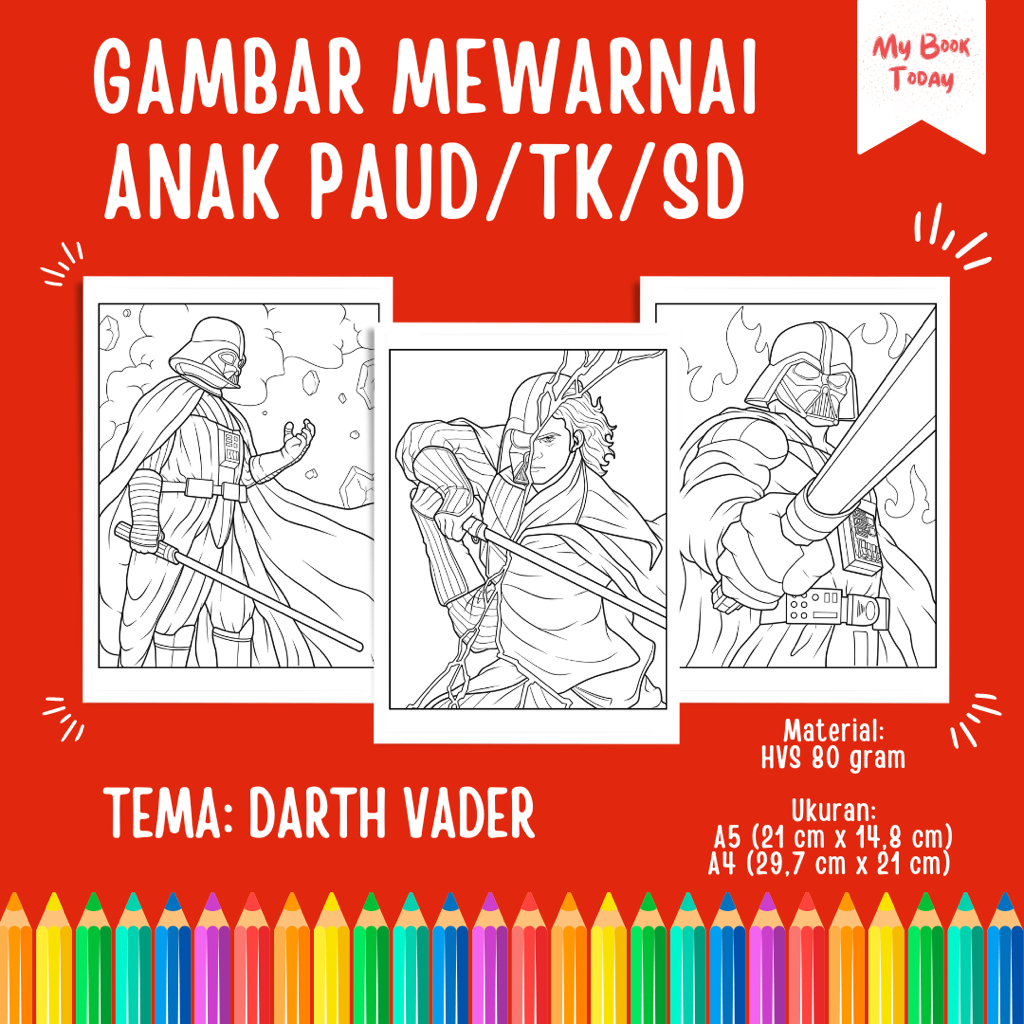 

[My Book Today] Lembar Kertas Sketsa Gambar Mewarnai untuk Anak Sekolah PAUD TK SD Tema Darth Vader