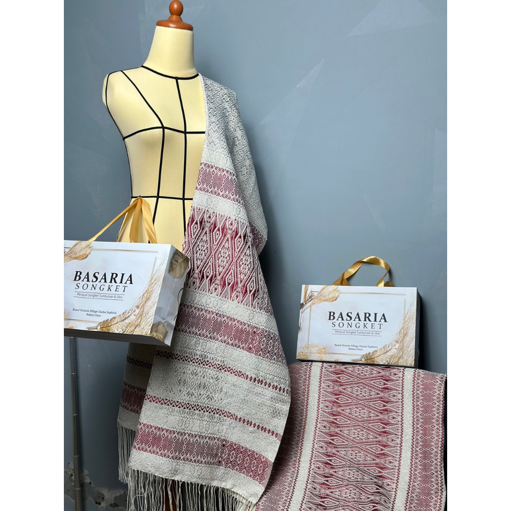 Songket Tumtuman Benang Full Kristal Putih Merah