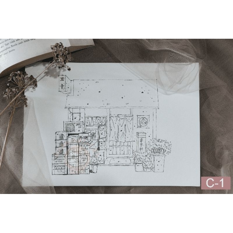 

Coloring Watercolor Paper Japanese Store / Architecture Tipe - C