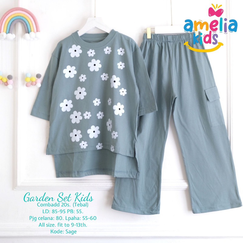 GARDEN SET KIDS ORIGINAL BY AMELIA ONESET ANAK PEREMPUAN KAOS DAN CELANA CARGO USIA 9-13 TAHUN SETEL