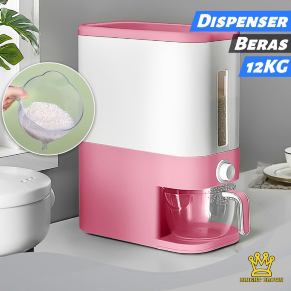 Promo Bright Crown DispenserBeras 12KG Tempat Penyimpanan Beras FREE CANGKIR - Pink Dispenser Beras 