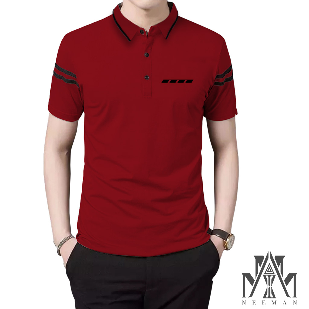 Kaos Pria Polo Saku zebra Lengan garis/Kerah Daun Pria