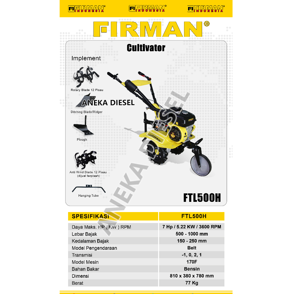 Mesin Bajak Ladang Traktor FIRMAN FTL 500H Cultivator Tiller Machine FTL 500 H FIRMAN