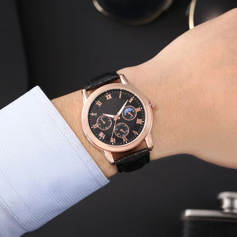 Acc157 Jam Tangan Pria  Bulat Jam Tangan Pria Quartz dengan Strap Kulit Sintetis