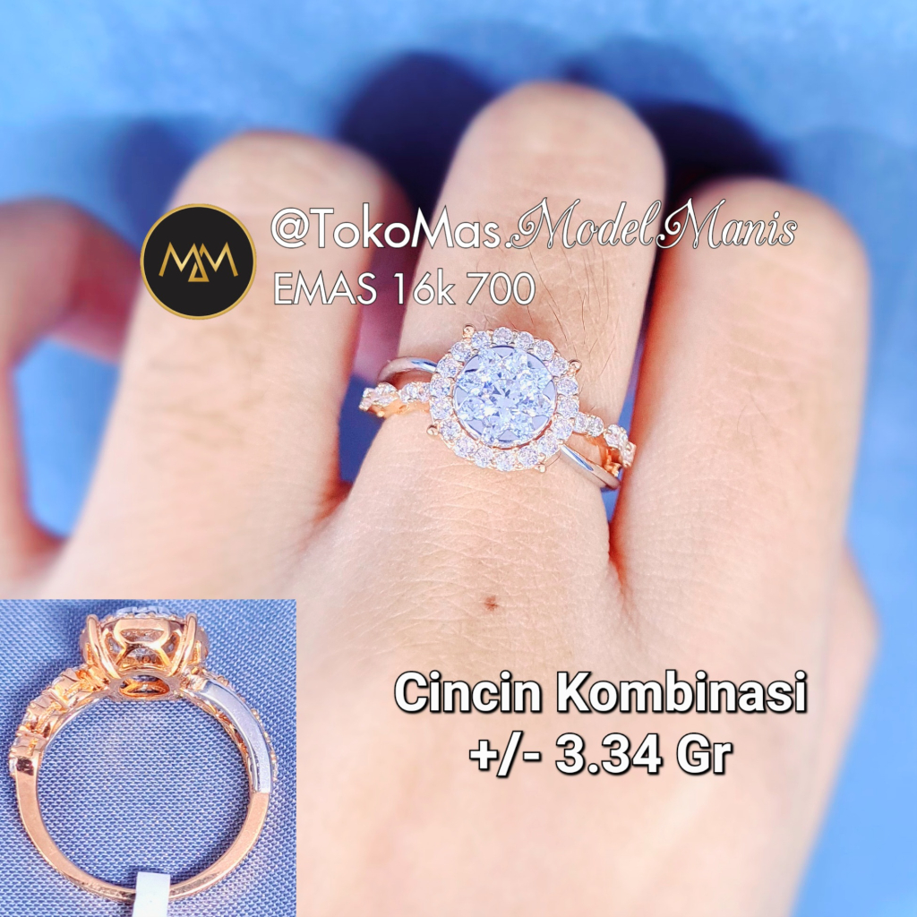 Cincin diamond looks emas kuning kombinasi putih 700 kadar 16 K