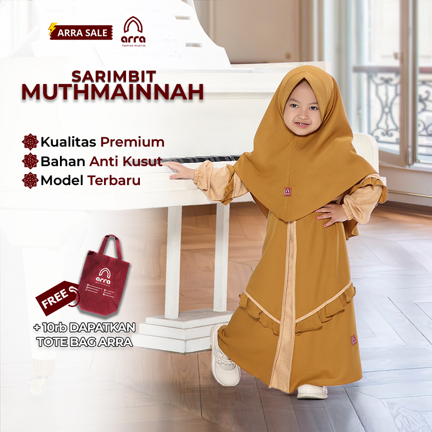 ARRA - Baju Gamis Muthmainnah Fashion Muslim Anak Perempuan Warna Coffee Mint Mustard Bahan Madina Cotton Mix Lady Zara - Size XS S M L XL XXL