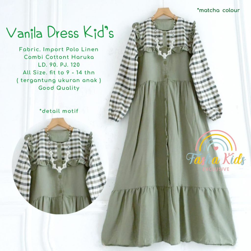 VANILA DRESS KIDS BAHAN POLO LINEN IMPORT MIX KATUN HARUKA DRESS ANAK POLOS GAMIS ANAK USIA 9-15 TAH