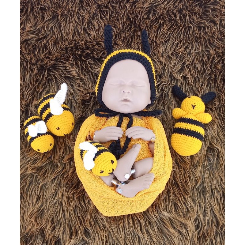 Topi Rajut Bayi Desain Lebah/Set Topi Rajut&Boneka/Amigurami/Bonnet Properti Foto Bayi