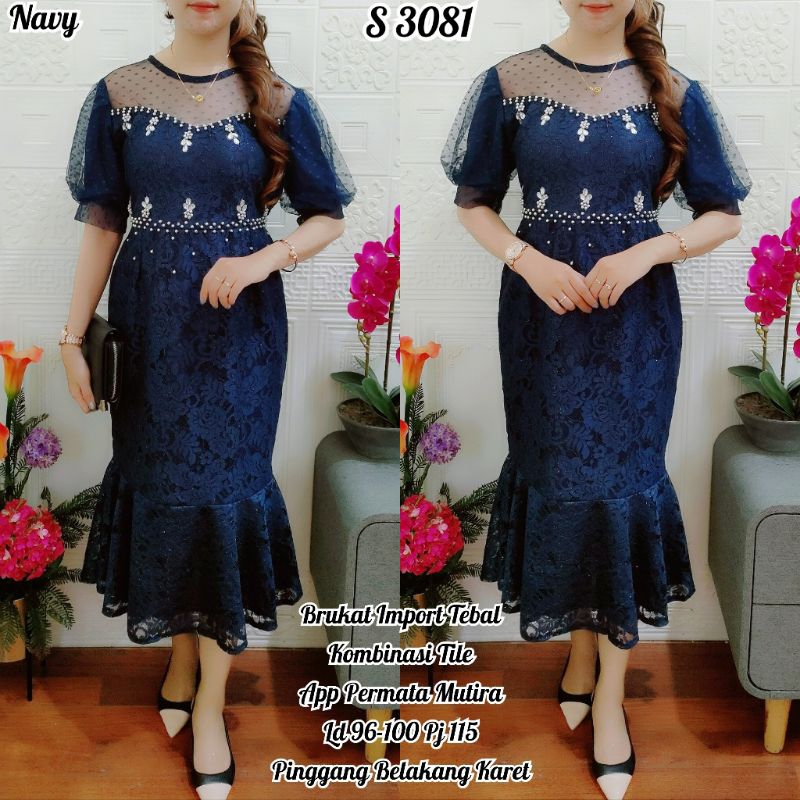 3081 Dress Brukat Duyung Tile MEWAH warna Navy Permata