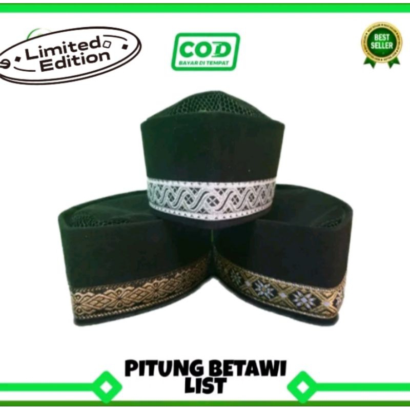 Peci PITUNG BETAWI HITAM LIST BELUDRU CONTESA Motif List Renda Murah , Peci Hitam Betawi , Kopiah Ha