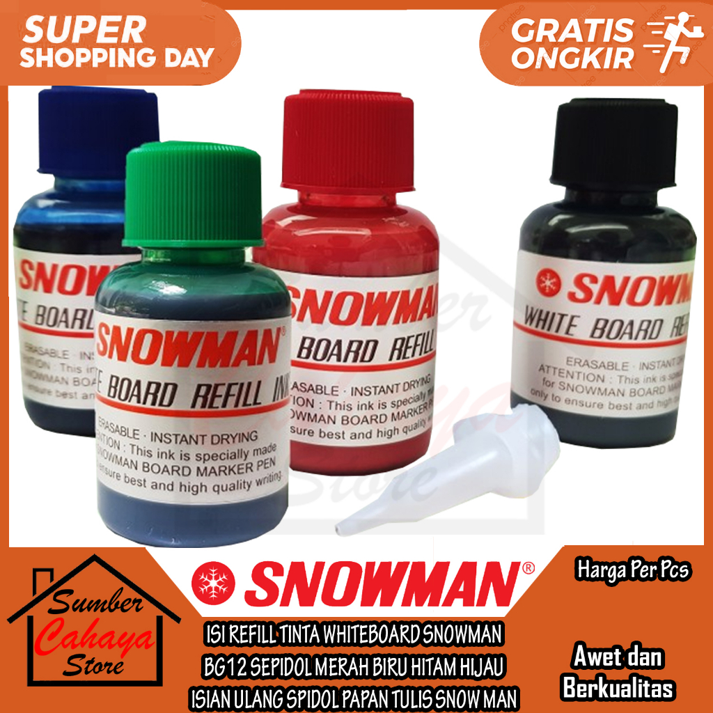 

Isi Refill Tinta Whiteboard Snowman Bg12 Sepidol Merah Biru Hitam Isian Ulang Spidol Papan Tulis Snow Man White Board Bisa Dihapus Refil Hapuskan Tulisan Alat Perlengkapan Kantor Sekolah Serbaguna Multifungsi