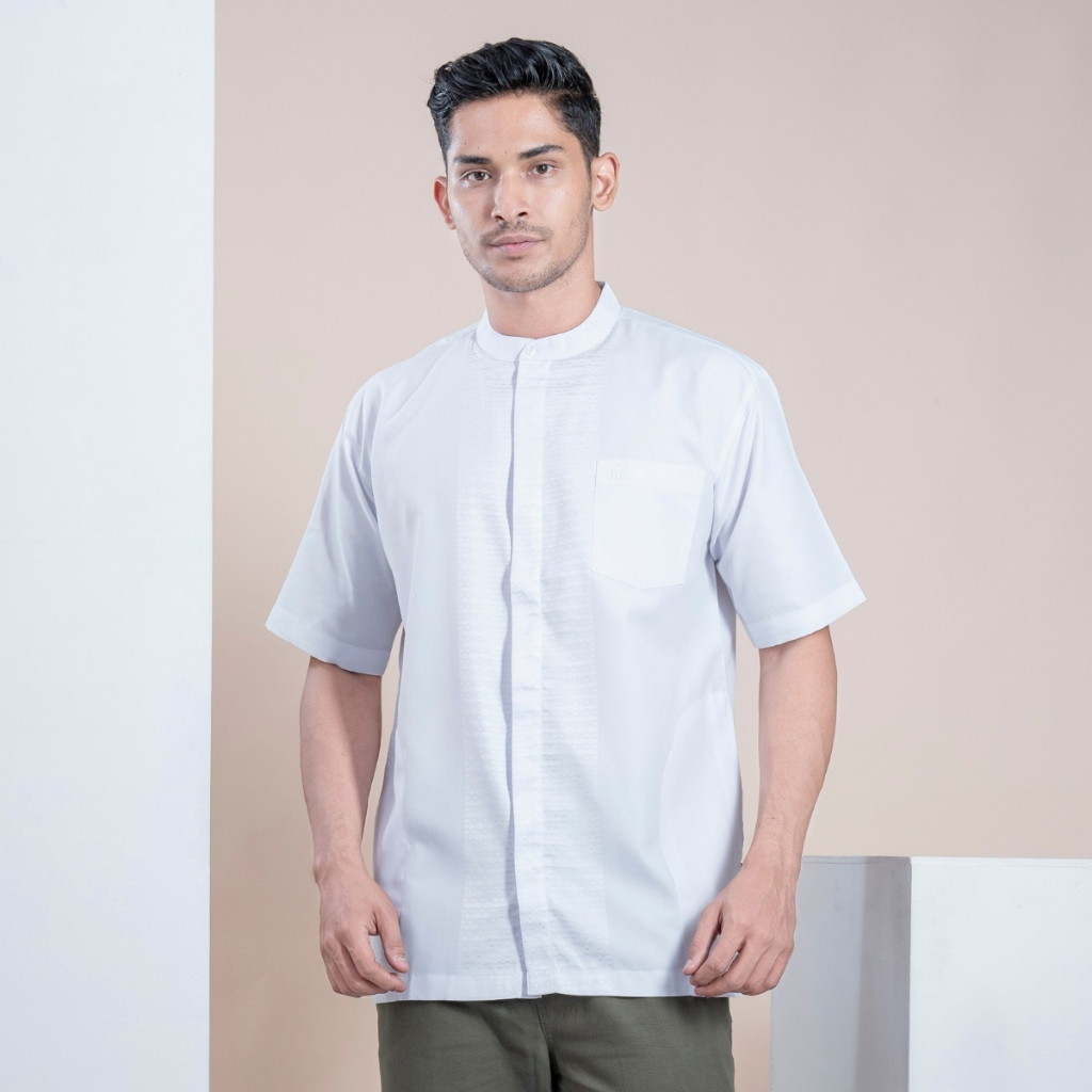 Muslimadani Baju Koko SALEEM Kemko Dewasa Lengan Pendek Baju Koko Putih kemeja Koko Bordir