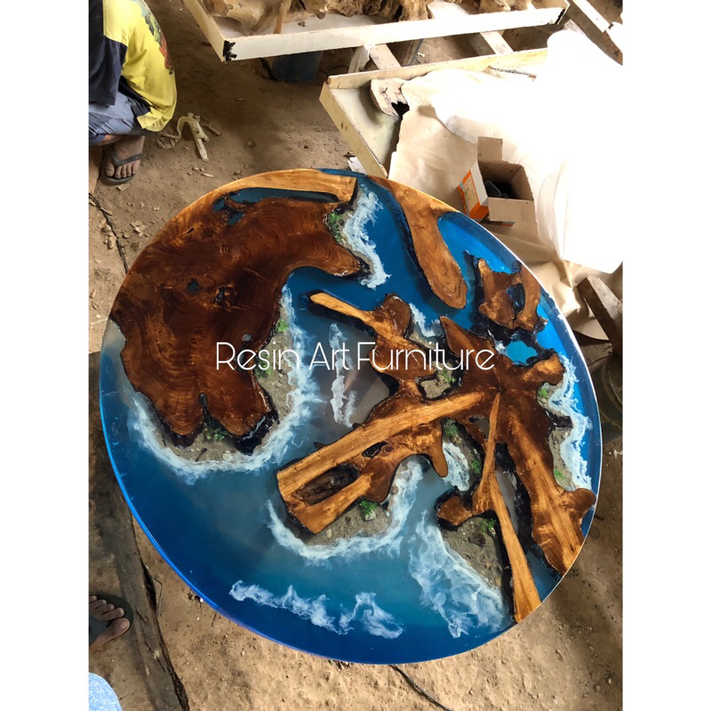 Meja Resin Kayu Jati Motif Ombak / Meja Makan Resin Finishing Natural