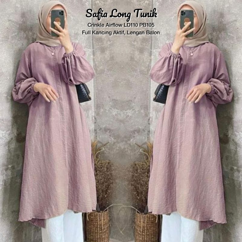 SAFIA LONG TUNIK (LABEL SAVNA) | LONG TUNIK CRINKLE AIRFLOW POLOS LENGAN BALON