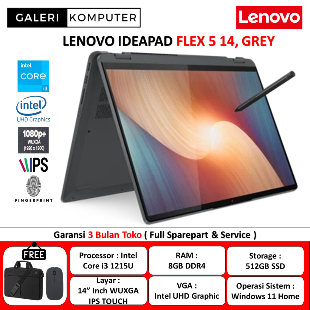 Promo Laptop Lenovo ideapad flex 5i Intel i3 1215U 8GB 512GB SSD IPS Touch Win11