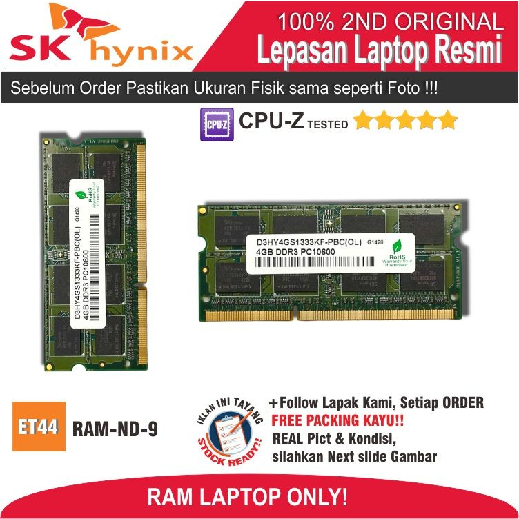 ET44 RAM-ND-9 RAM MEMORY RAM Laptop GREEN HOUSE 4GB DDR3 PC10600
