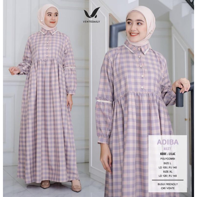 DRESS ADIBA AZKIA // Original Vente Daily Long Gamis Maxi Busui Katun Linen Flanel Kotak-kotak
