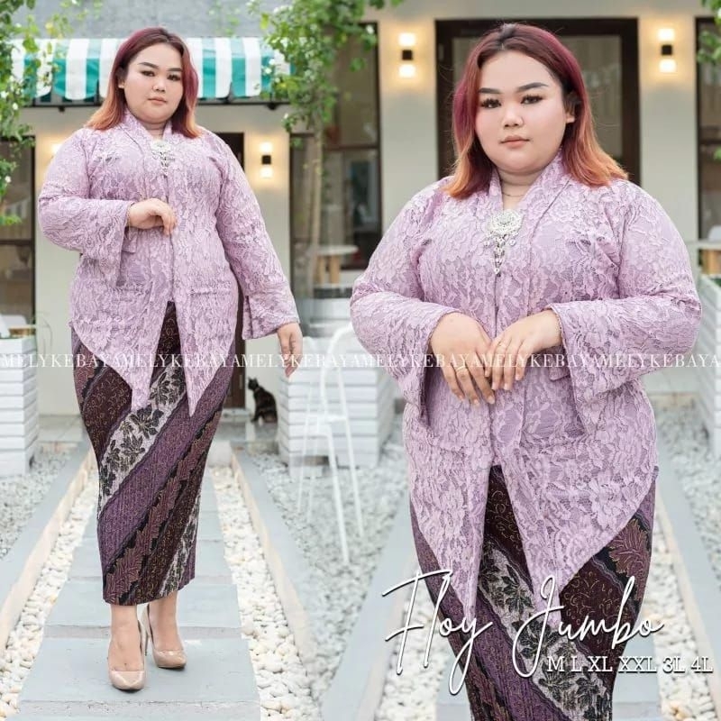 SETELAN KEBAYA FLOY BROKAT JUMBO LD 130 + ROK PLISKET BATIK DEWASA JUMBO / BAJU KEBAYA WANITA DEWASA