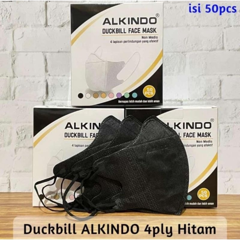 Masker ducbill Alkindo 4 fly dalam dos isi 50 pcs tersedia dalam 2 warna hitam dan putih