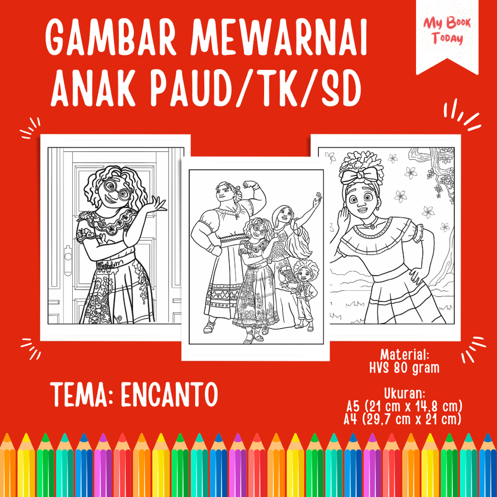 

[My Book Today] Lembar Kertas Sketsa Gambar Mewarnai untuk Anak Sekolah PAUD TK SD Tema Disney Encanto