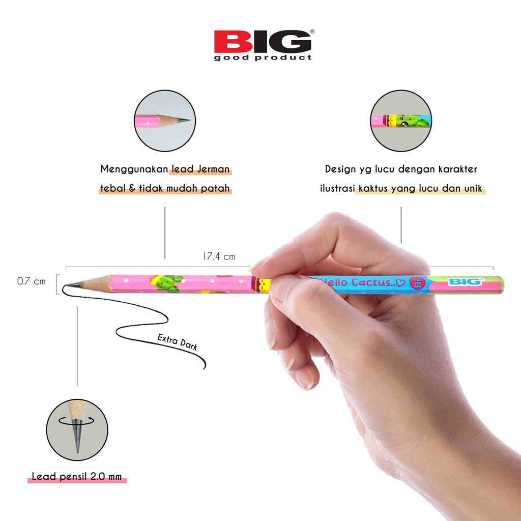 

1 PCS Pensil 2B Karakter Hello Cactus Graphite Pencil Extra Dark PS-001 MERK BIG