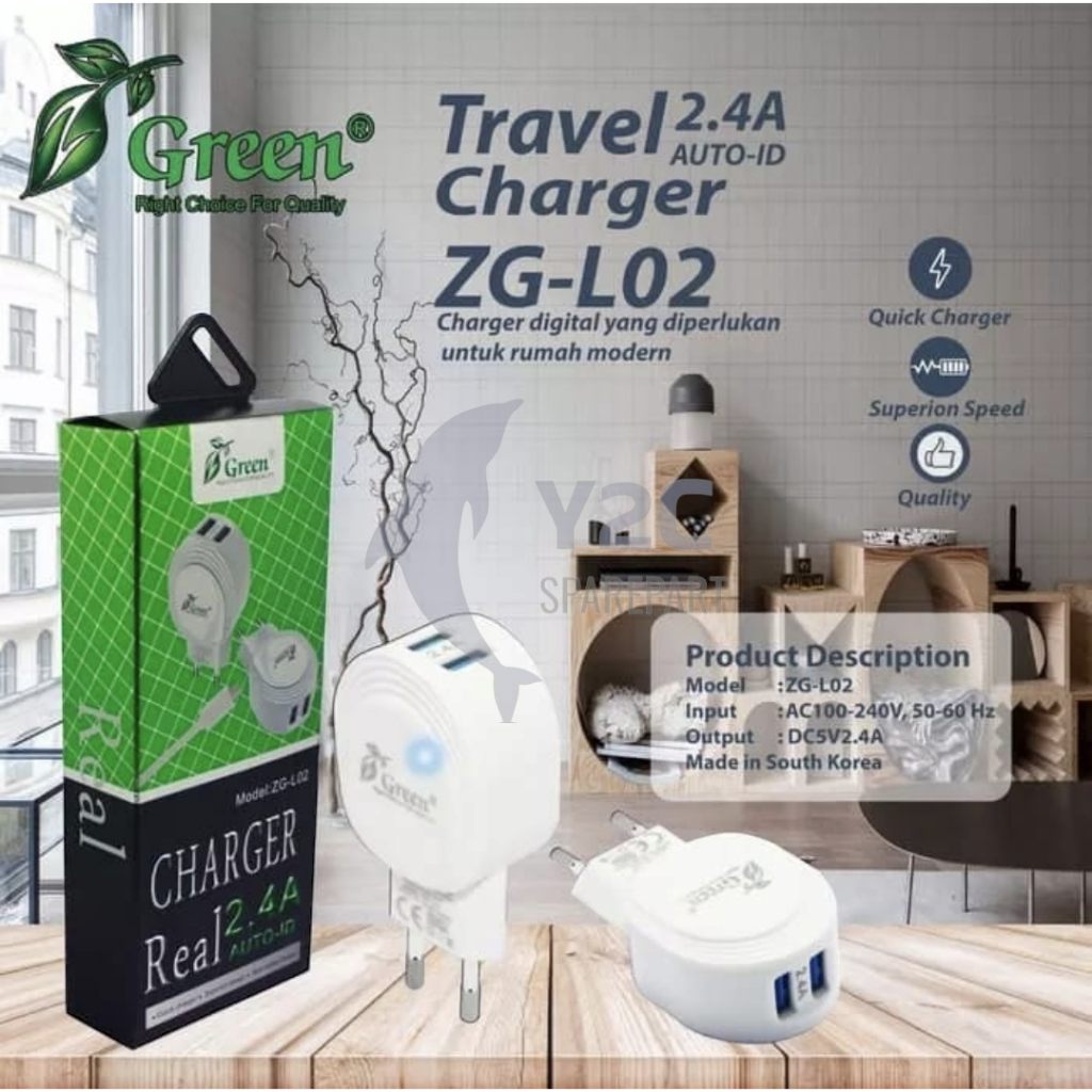 ADAPTOR ZGREEN L02 2 USB 2.4 AMPERE QUICK CHARGE / BATOK CASAN CAS
