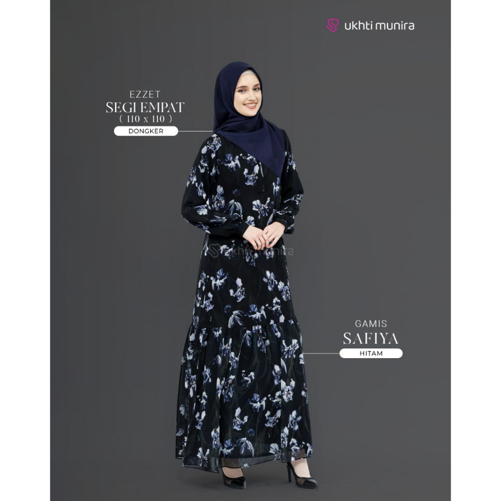 Safiya Ukhti Munira Gamis Premium Syar'i Dewasa Warna Hitam Bahan Sifon Motif Prin Lapis Furing Erro