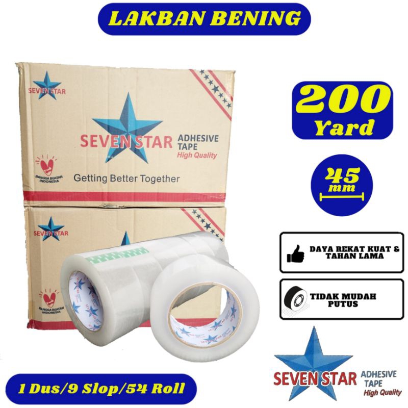 

Lakban Bening Seven Star 45mm x 200yard Karton - Daya Rekat Kuat,Tidak Mudah Putus
