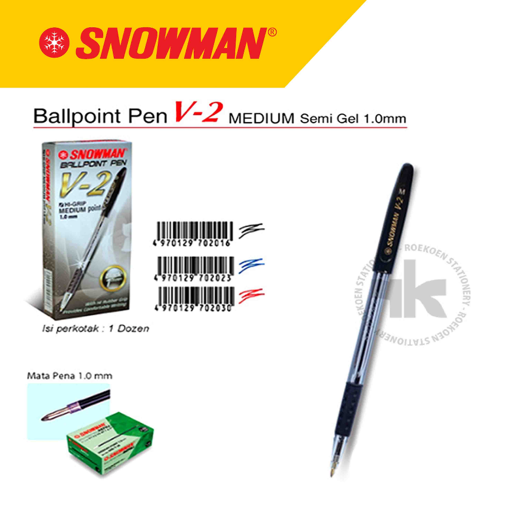 Snowman V-2 Medium Ballpen Semi Gel 1.0mm Medium - Ballpoint Warna