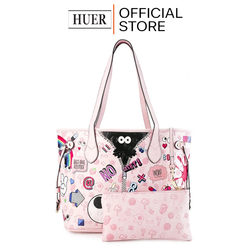 HUER ~ Tas Wanita Lavetta Eye Theme Printed Embossed Tote Bag 9454-209Pink
