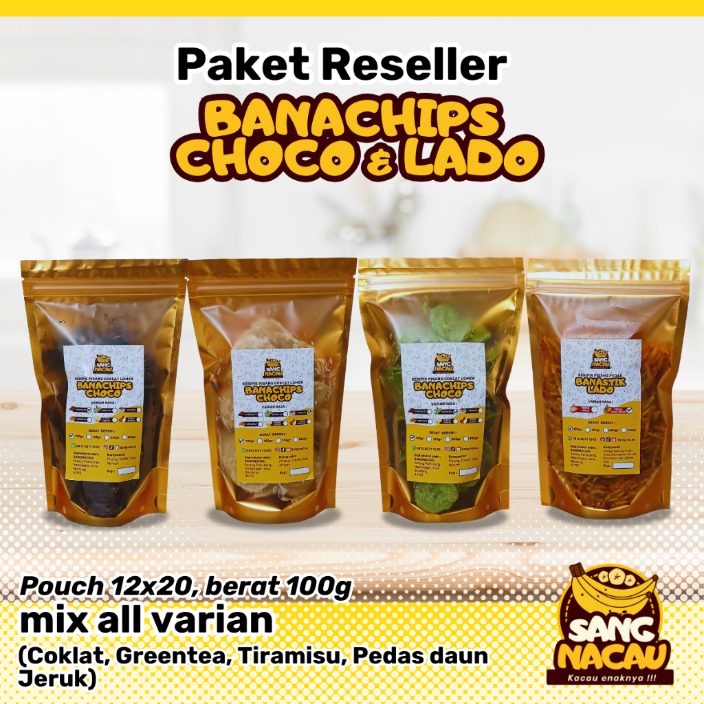 

Paket Reseller BanaChips choco dan lado sangnacau 12 dan 16 pouch x @100gram Mix All Varian
