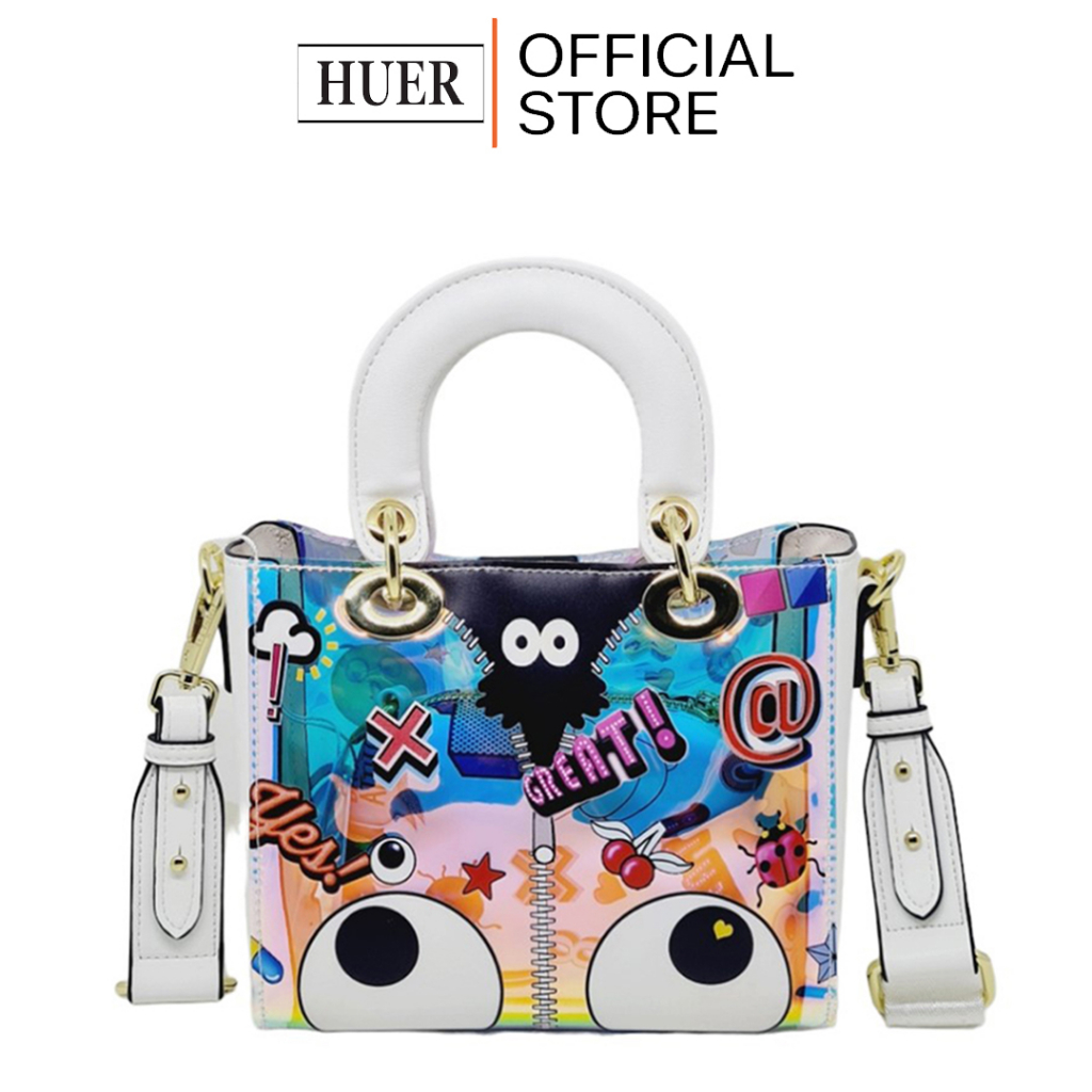 HUER ~ Tas Wanita Lewigya Eye Theme Printed Hologram Tote Bag 9454-331White