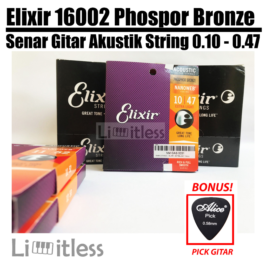 Elixir 16002 Senar Gitar Akustik String 010 - 047 Phospor Bronze Nanoweb Strings Original