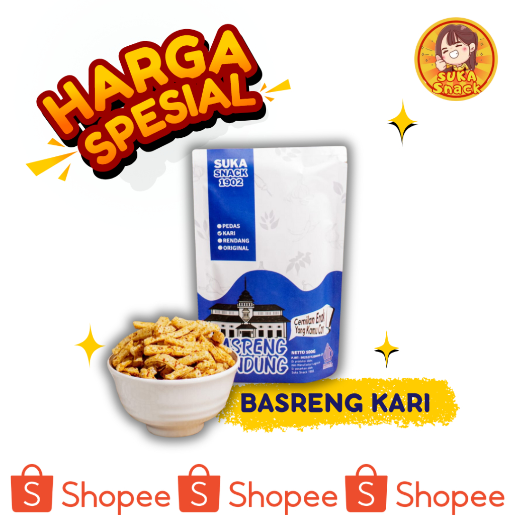 

Basreng Pedas Kari Isi 100 gram Standing Pouch Suka Snack