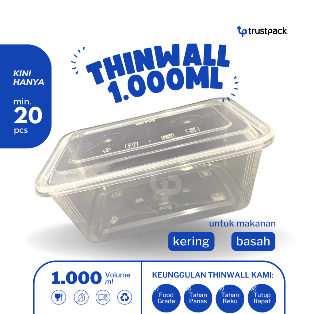 Thinwall 1000ml | Wadah Makanan Plastik Microwave & Freezer | Tutup Rapat Wadah Plastik Takeaway