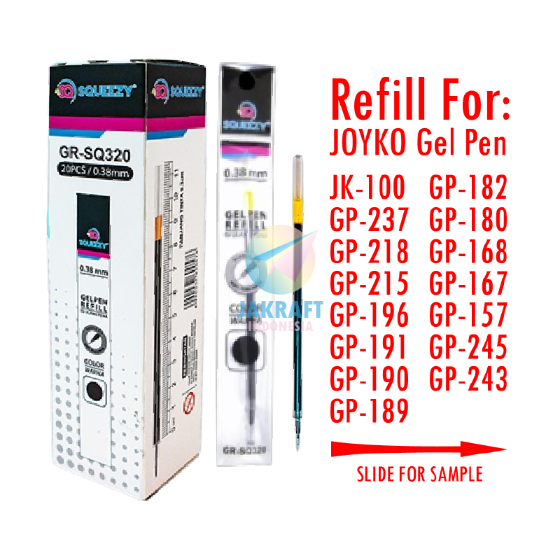 

(20 Pcs) Refill Isi Ulang Segala Pulpen Gel Pen seperti JOYKO dari SQUEEZY GR-SQ320 Needle Tip (NT) 0.38 mm Hitam / Black