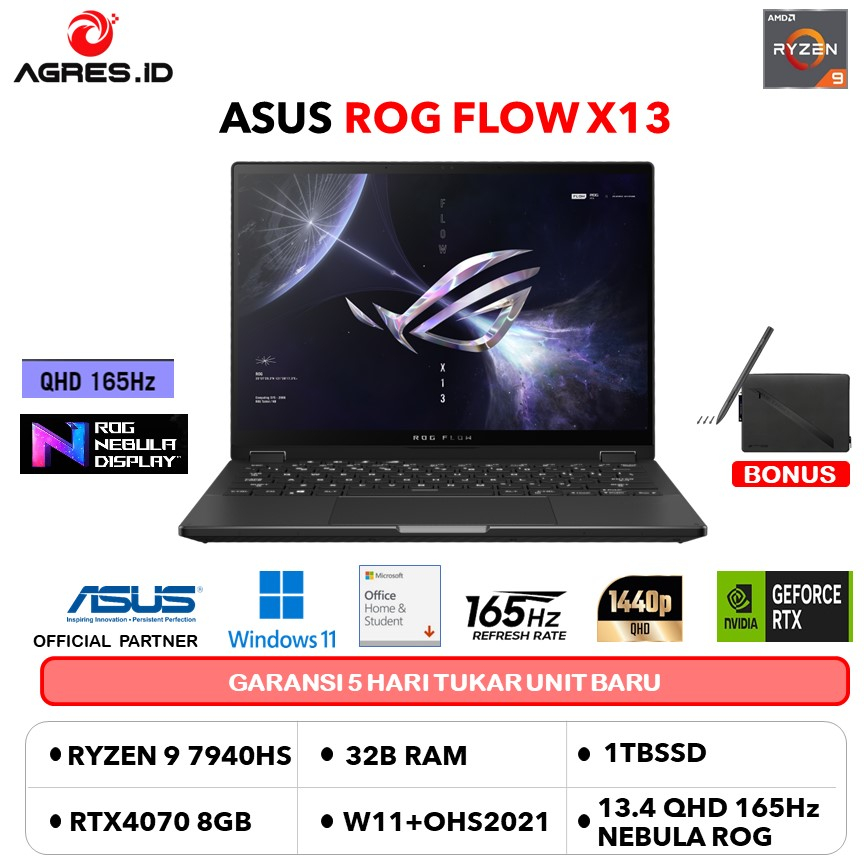 ASUS ROG FLOW X13 GV302XI TOUCH RYZEN 9 7940HS RTX4070 8GB/ 32GB 1TB W11PRO+OHS 13.4QHD+ NEBULA 165H