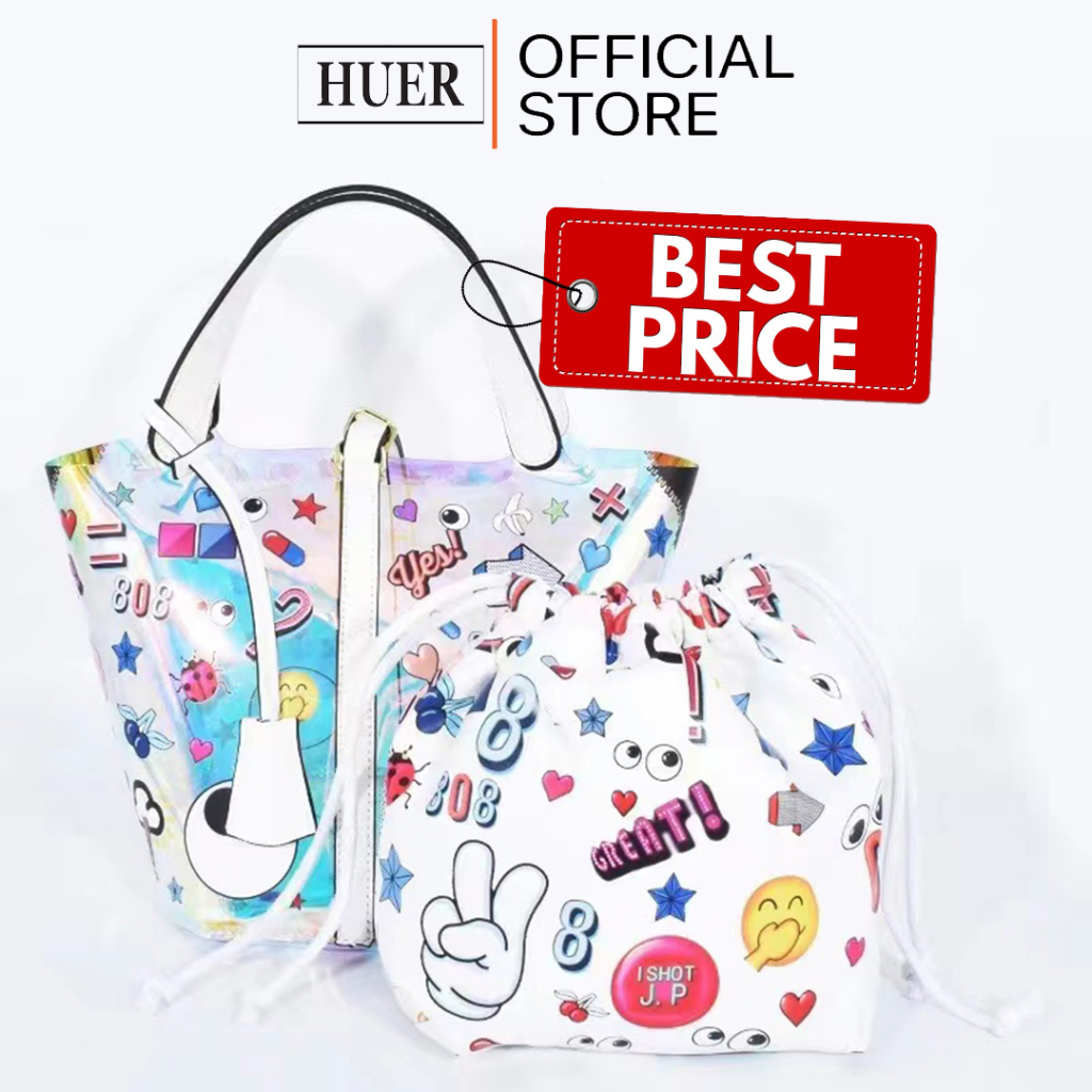 HUER ~ Tas Wanita Eredye Eye Theme Printed Hologram Bucket Bag 9454-338White