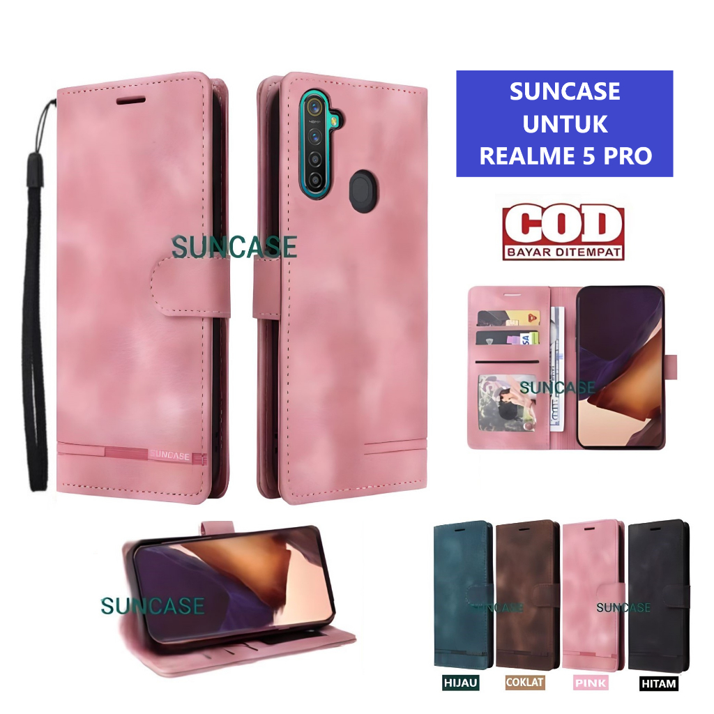 Casing REALME 5 PRO model flip buka tutup case kulit ada tempat foto dan kartu juga tali hp flip cov