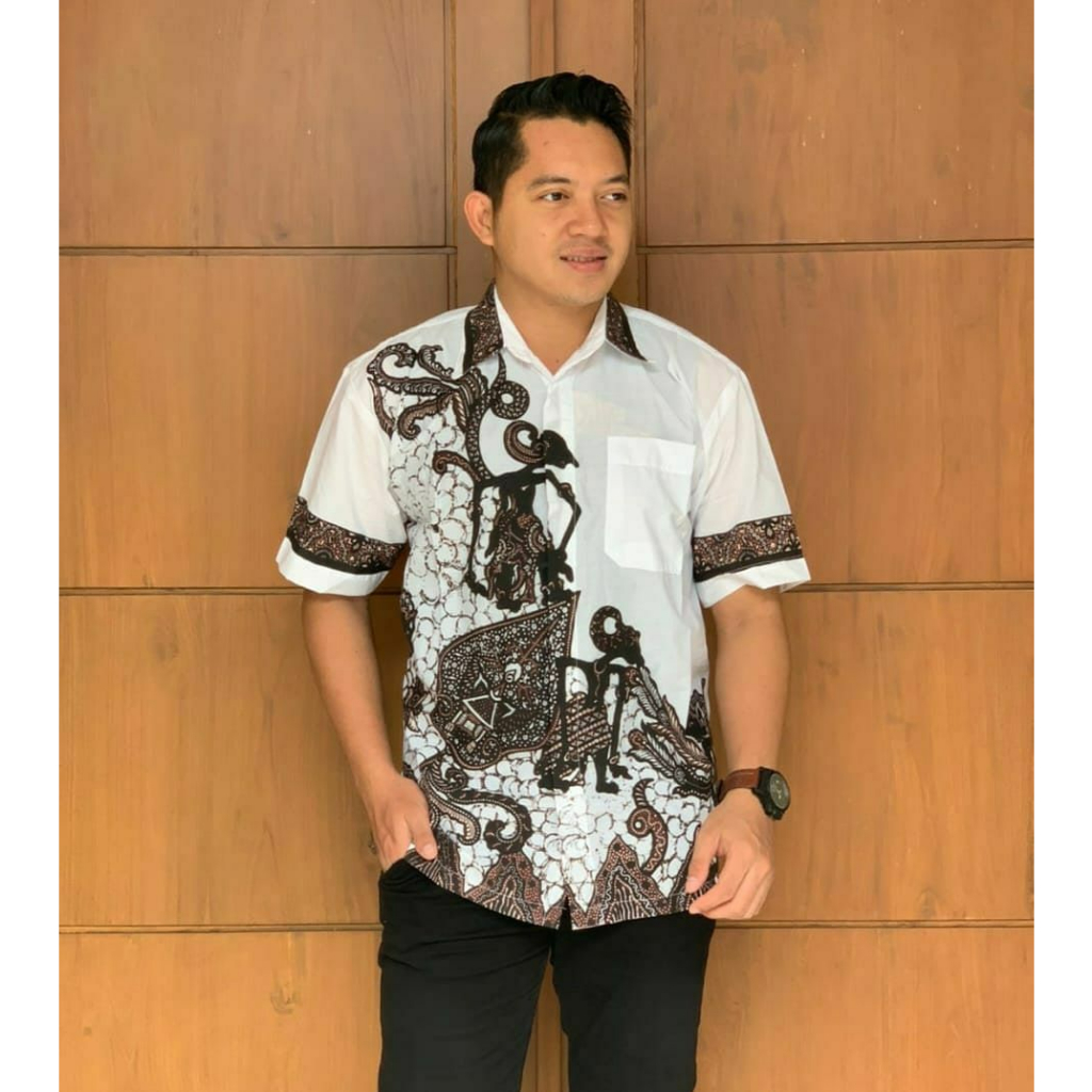 Nazilla Batik - Baju Wayang Putih Lengan Pendek Motif Terbaru Dobby