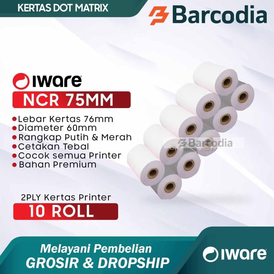

BARCODIA Kertas Ncr 75X60 mm Rangkap 2Ply Paket 10 Roll
