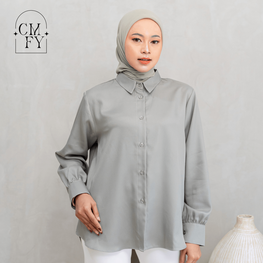 Galena by Comfydent - Basic kemeja wanita polyester full kancing warna Sage Green