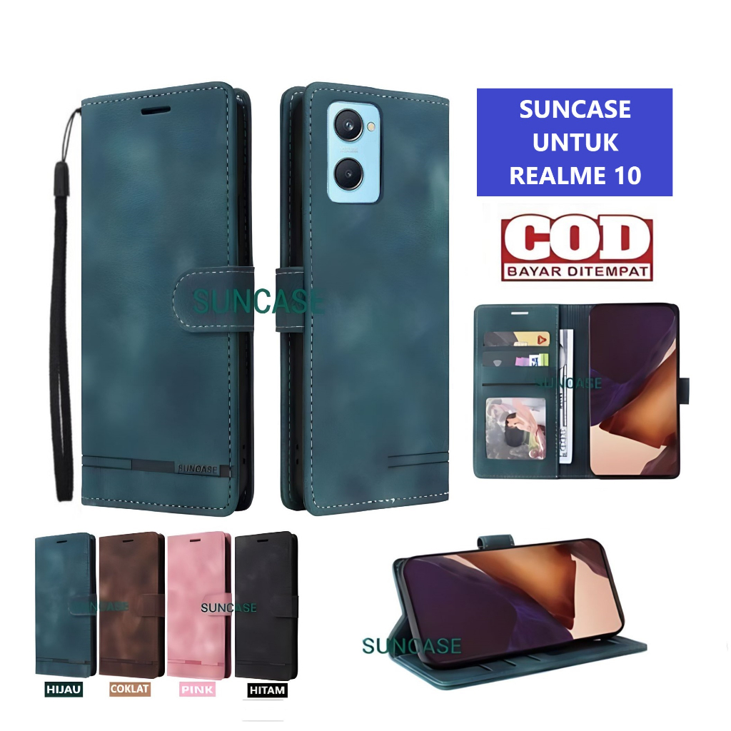 Casing REALME 10 2022 model flip buka tutup case kulit ada tempat foto dan kartu juga tali hp flip c