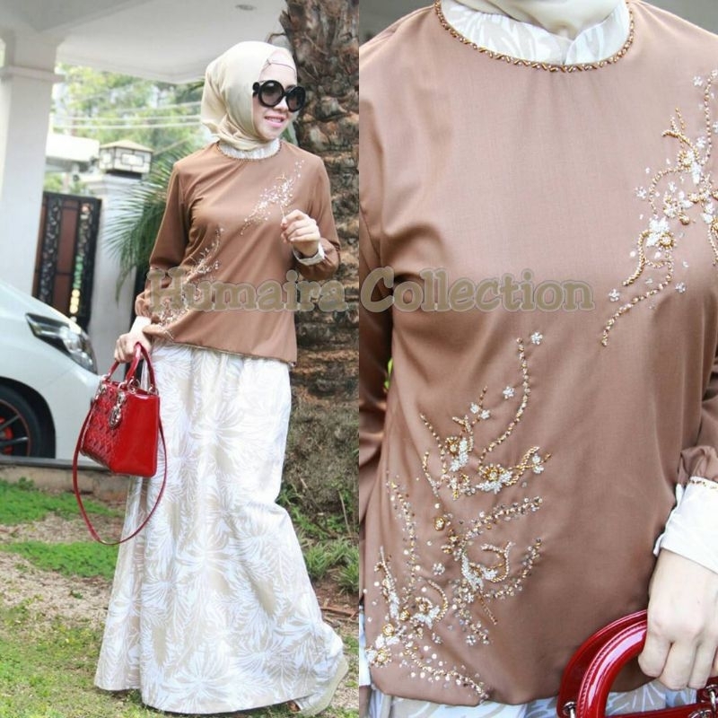 Gamis Humaira Collection setelan atasan bawahan payet elegan syar'i Size S - Coklat - Gamis Murah Ba